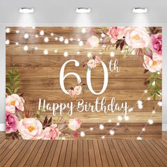 Lofaris Pink Floral Brown Wood Happy 60th Birthday Backdrop
