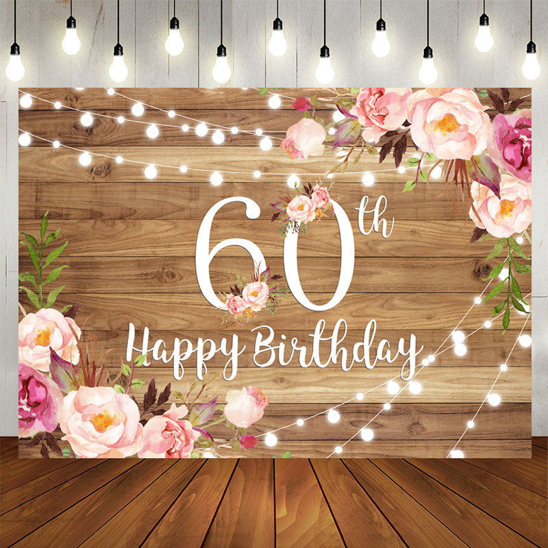 Lofaris Pink Floral Brown Wood Happy 60th Birthday Backdrop