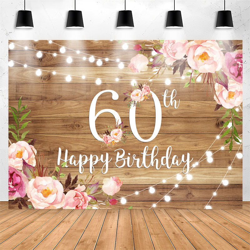 Lofaris Pink Floral Brown Wood Happy 60th Birthday Backdrop