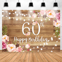 Lofaris Pink Floral Brown Wood Happy 60th Birthday Backdrop