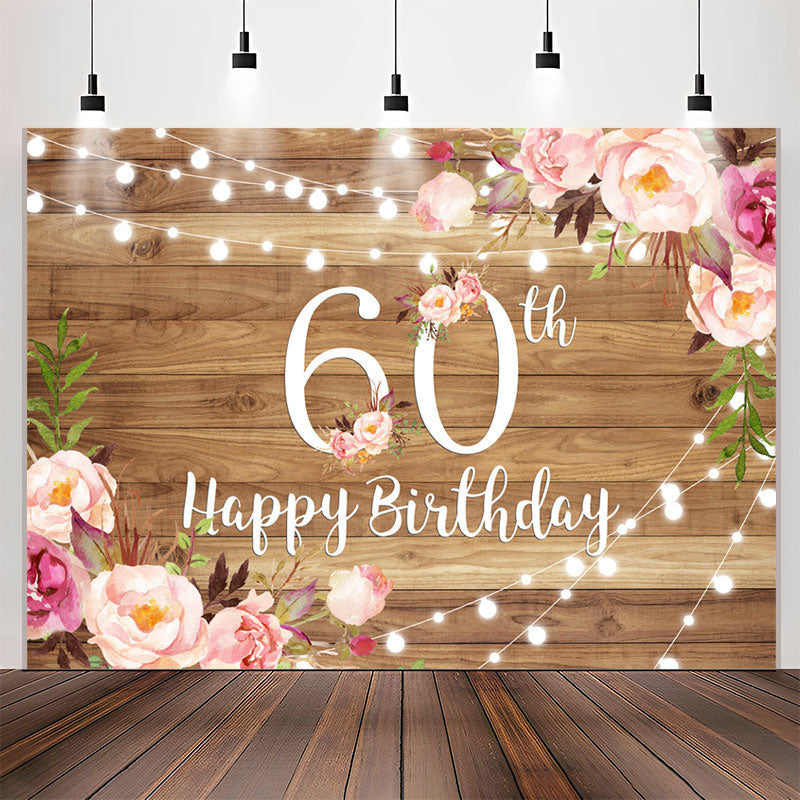 Lofaris Pink Floral Brown Wood Happy 60th Birthday Backdrop