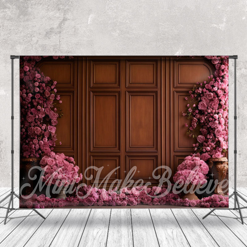 Lofaris Pink Floral Brown Wooden Retro Wall Photo Backdrop