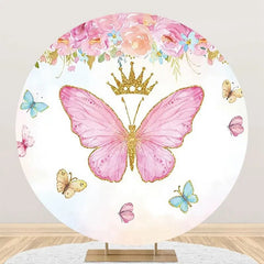 Lofaris Pink Floral Butterfly Crown Round Birthday Backdrop