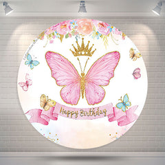 Lofaris Pink Floral Butterfly Happy Birthday Round Backdrop