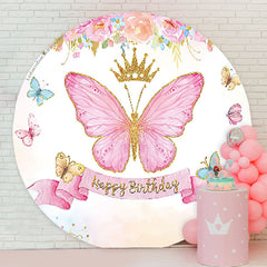 Lofaris Pink Floral Butterfly Happy Birthday Round Backdrop