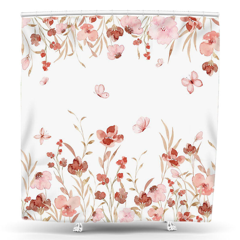 Lofaris Pink Floral Butterfly Watercolor Boho Shower Curtain