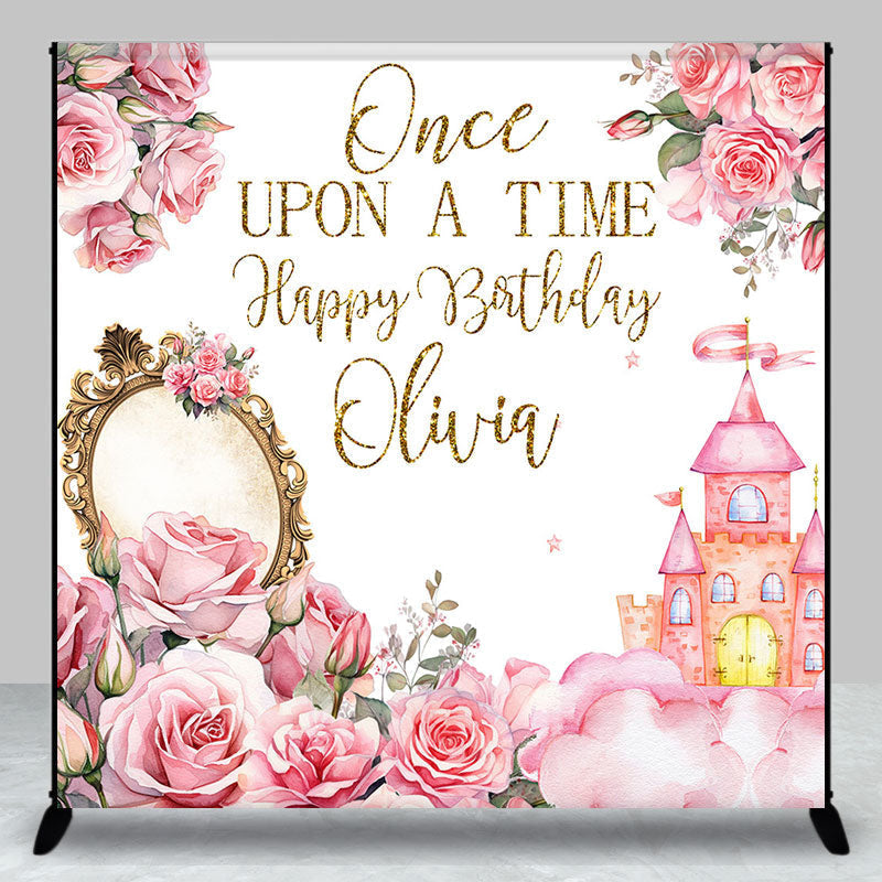 Lofaris Pink Floral Castle Mirror Custom Birthday Backdrop