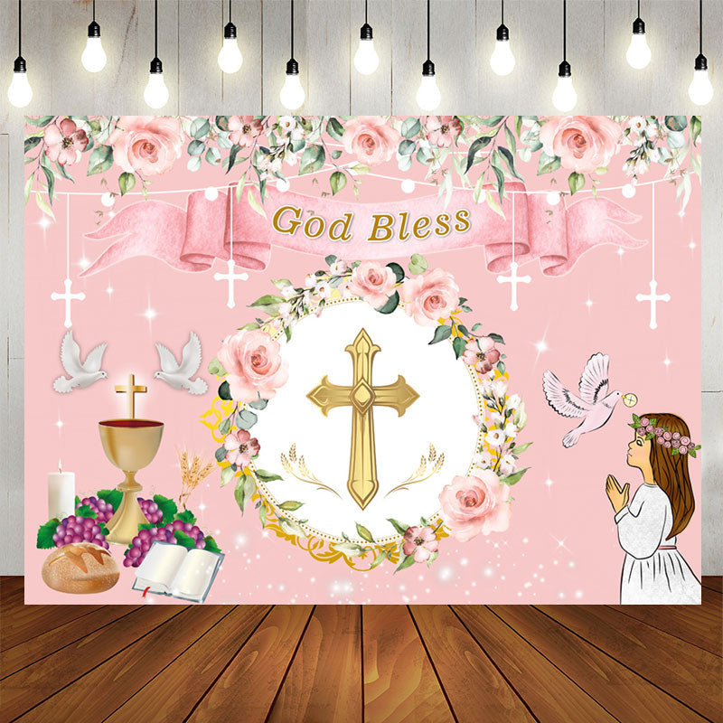 Lofaris Pink Floral Chalice God Bless Girl Baptism Backdrop