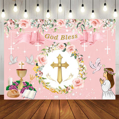 Lofaris Pink Floral Chalice God Bless Girl Baptism Backdrop
