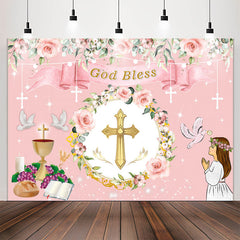 Lofaris Pink Floral Chalice God Bless Girl Baptism Backdrop