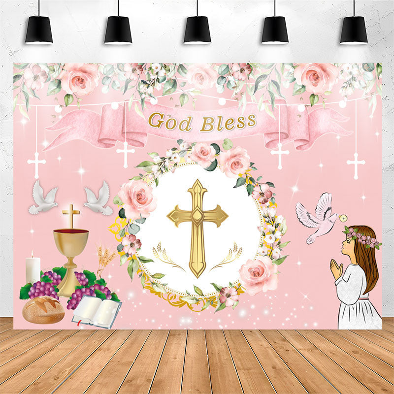 Lofaris Pink Floral Chalice God Bless Girl Baptism Backdrop
