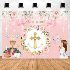Lofaris Pink Floral Chalice God Bless Girl Baptism Backdrop