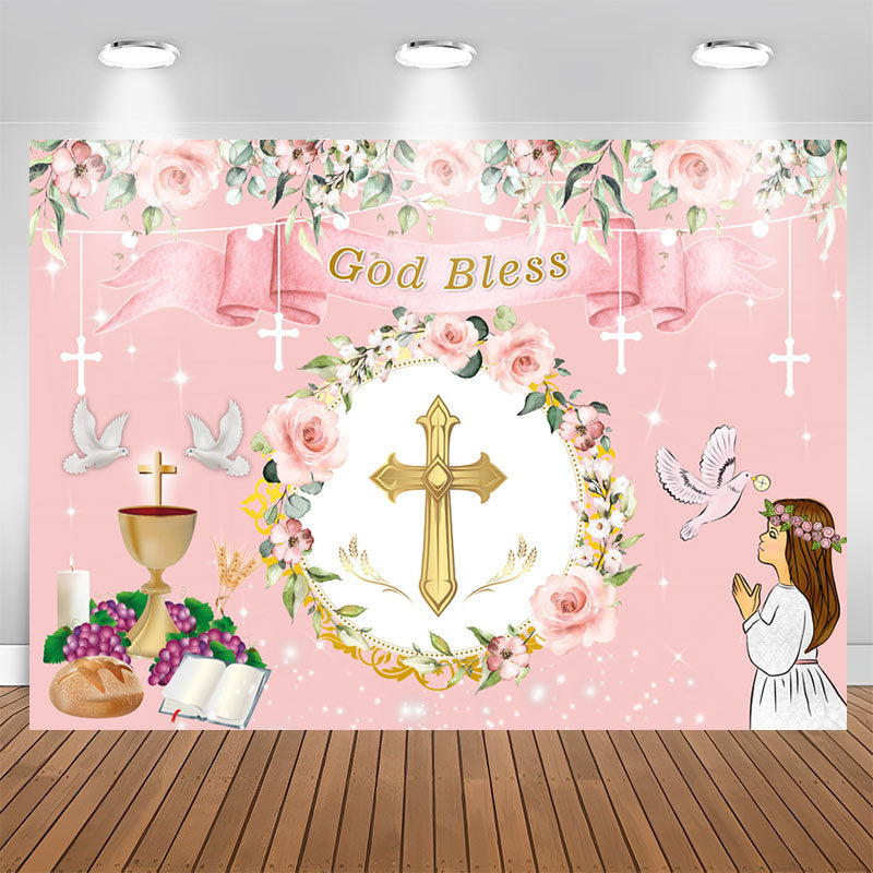 Lofaris Pink Floral Chalice God Bless Girl Baptism Backdrop