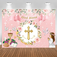 Lofaris Pink Floral Chalice God Bless Girl Baptism Backdrop