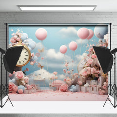 Lofaris Pink Floral Clock Balloon Birthday Photo Backdrop