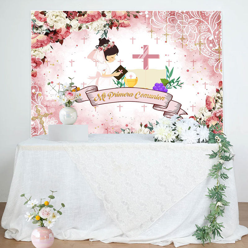 Lofaris Pink Floral Cross Pattern Baptism Backdrop For Girls