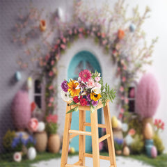 Lofaris Pink Floral Cyan Door Egg Easter Backdrop For Photo