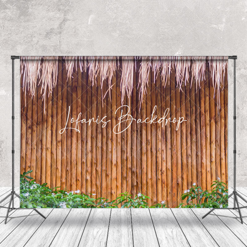 Lofaris Pink Floral Dark Bamboo With Grass Wood Wall Backdrop