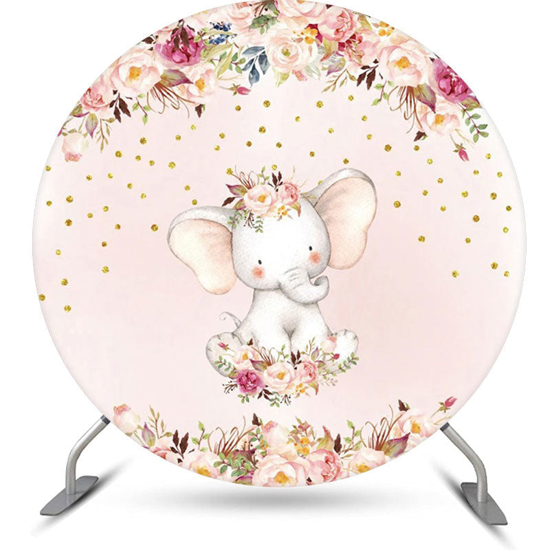 Lofaris Pink Floral Dot Elephant Round Baby Shower Backdrop