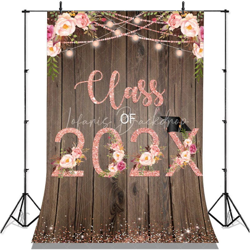 Lofaris Pink Floral Glitter Class Of 2022 Brown Wood Backdrop