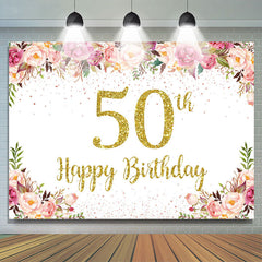 Lofaris Pink Floral Glitter Gold White 50th Birthday Backdrop