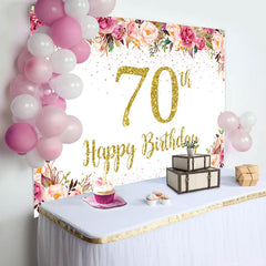 Lofaris Pink Floral Glitter Gold White 70th Birthday Backdrop