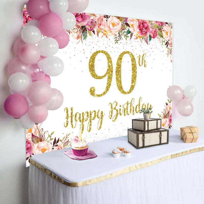 Lofaris Pink Floral Glitter Gold White 90th Birthday Backdrop