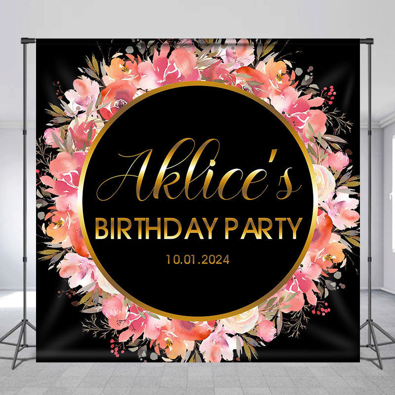 Lofaris Pink Floral Golden Circle Custom Birthday Backdrop