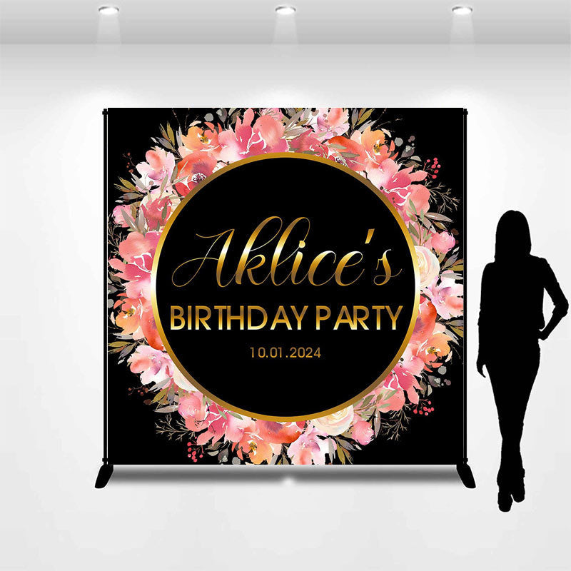 Lofaris Pink Floral Golden Circle Custom Birthday Backdrop