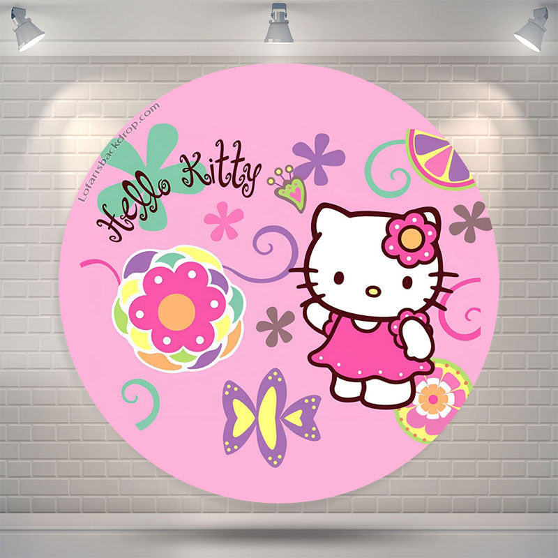 Lofaris Pink Floral Hello Kitty Circle Birthday Backdrop