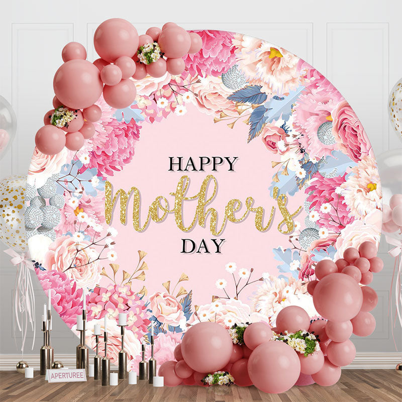Lofaris Pink Floral Leaves Gold Round Mothers Day Backdrop