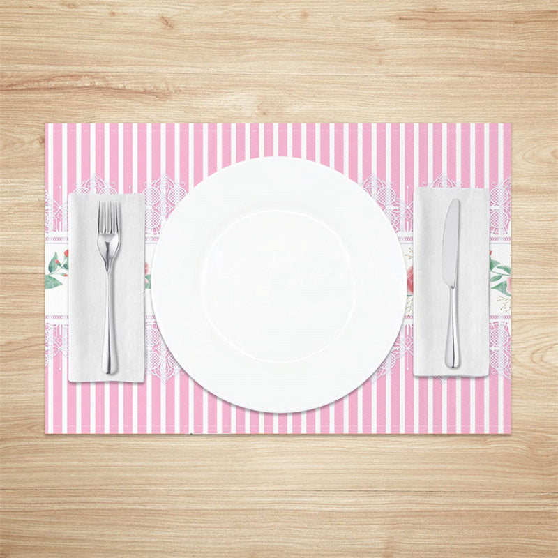 Lofaris Pink Floral Leaves Repeat Stripe Set Of 4 Placemats