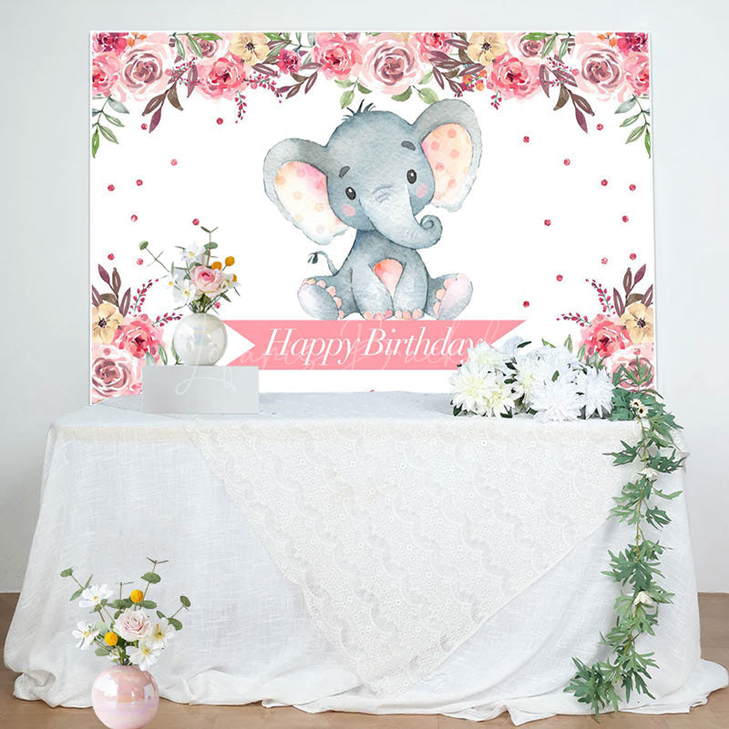 Lofaris Pink Floral Lovely Elephant Happy Birthday Backdrop