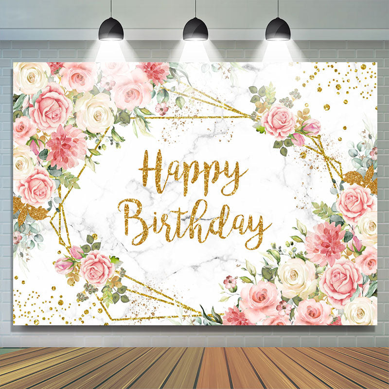 Lofaris Pink Floral Marble Texture Glitter Birthday Backdrop