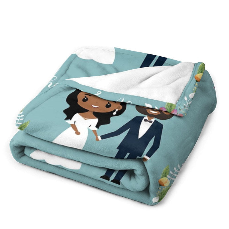 Lofaris Pink Floral Married Couple Blue Custom Wedding Blanket