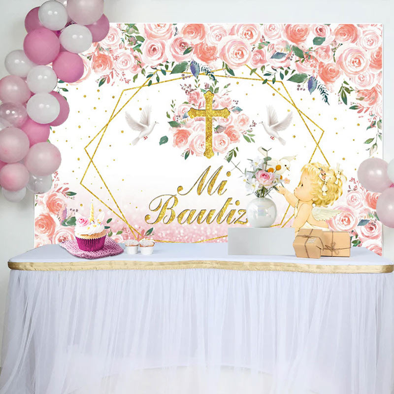 Lofaris Pink Floral Mi Bautizo Angel Baptism Backdrop