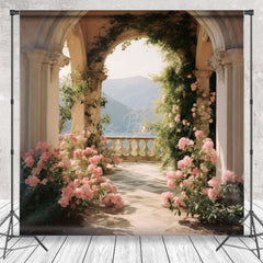 Lofaris Pink Floral Mountain Spring Backdrop For Photograph