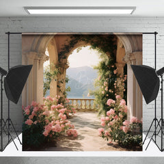 Lofaris Pink Floral Mountain Spring Backdrop For Photograph