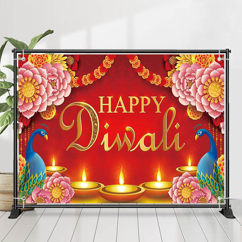 Lofaris Pink Floral Peacock Red Happy Diwali Party Backdrop