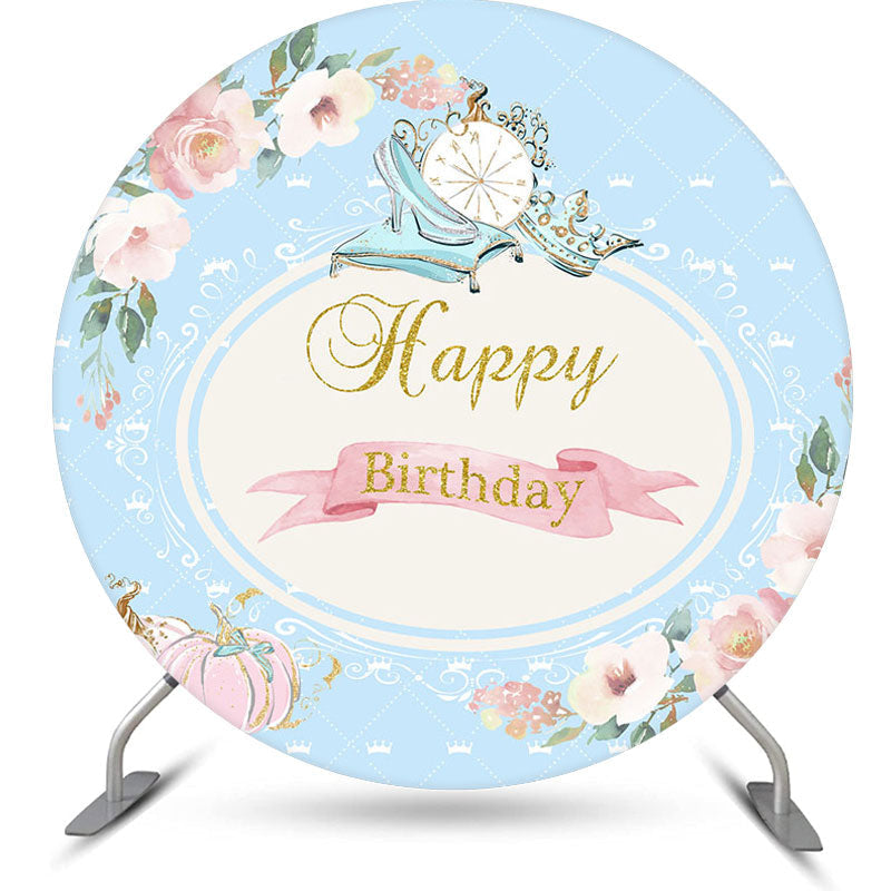 Lofaris Pink Floral Pumpkin Blue Round Birthday Backdrop