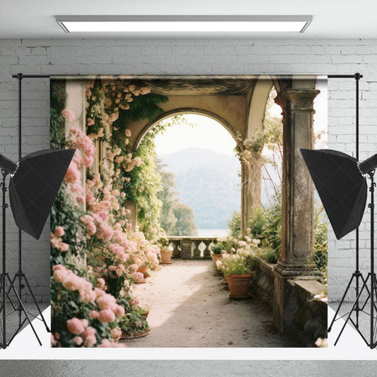 Lofaris Pink Floral Retro Arch Spring Backdrop For Photo