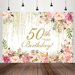 Lofaris Pink Floral Sparkling 50th Happy Birthday Backdrop