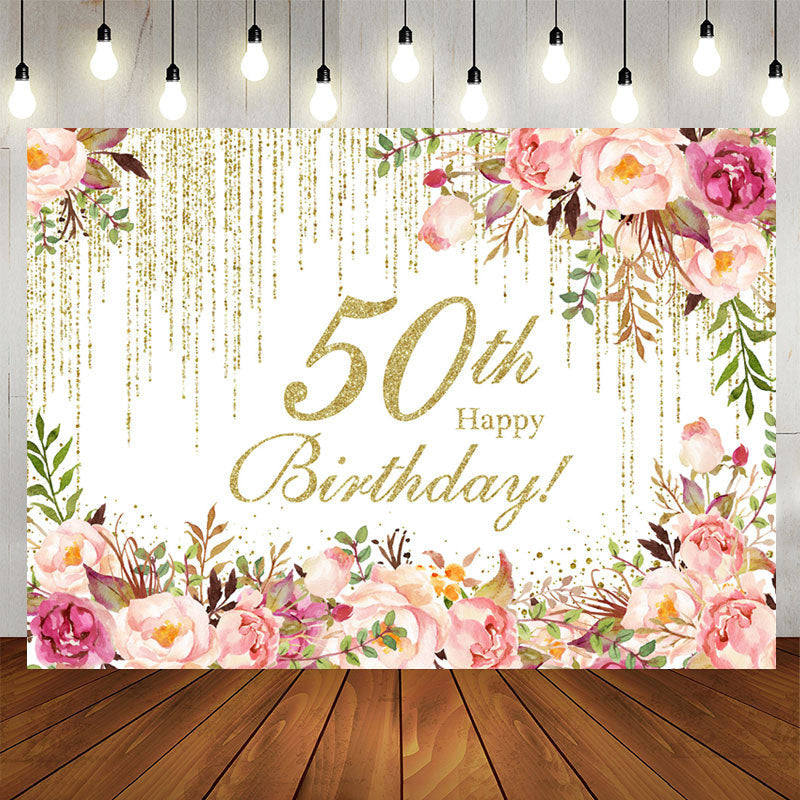 Lofaris Pink Floral Sparkling 50th Happy Birthday Backdrop