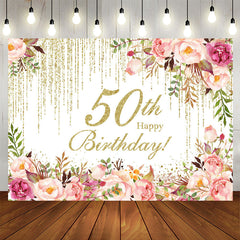 Lofaris Pink Floral Sparkling 50th Happy Birthday Backdrop