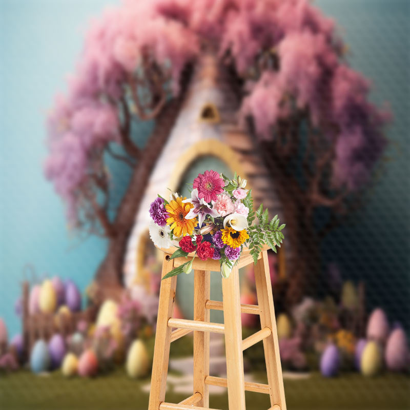 Lofaris Pink Floral Tree Egg House Easter Photo Backdrop