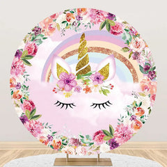 Lofaris Pink Floral Unicorn Rainbow Round Birthday Backdrop