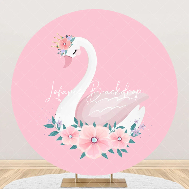 Lofaris Pink Floral White Swan Round Backdrop For Birthday