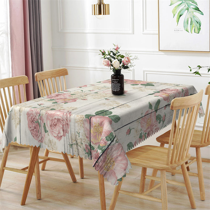 Lofaris Pink Floral Wooden Texture Rectangle Tablecloth