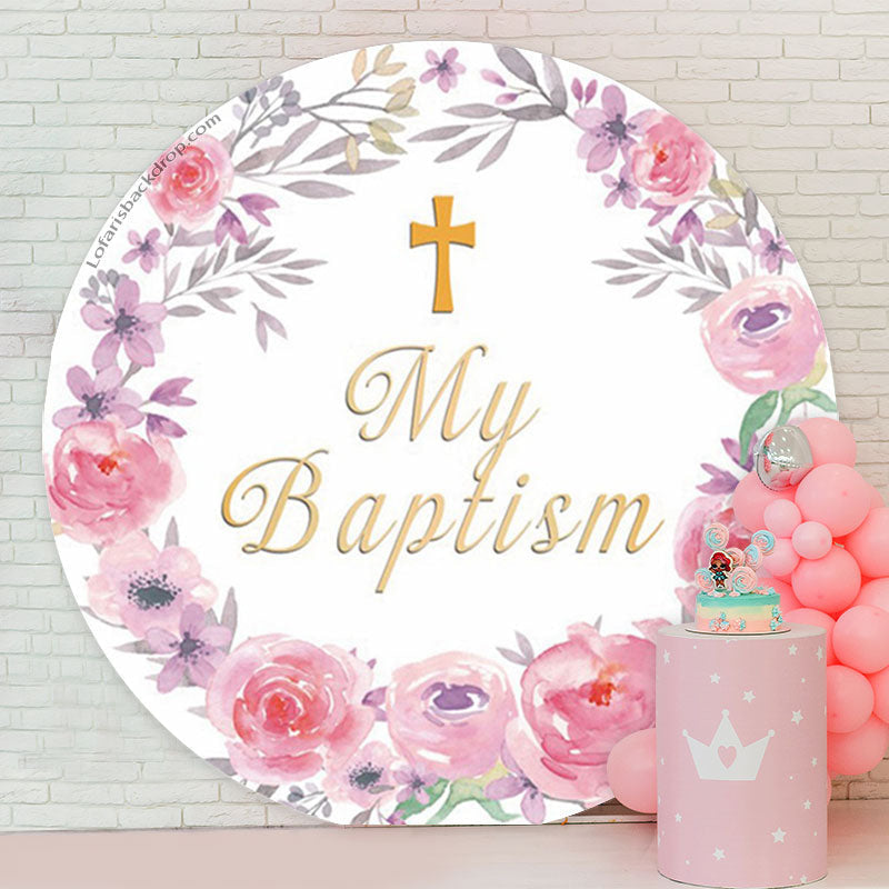 Lofaris Pink Floral Wreath My Baptism Round Backdrop Cover