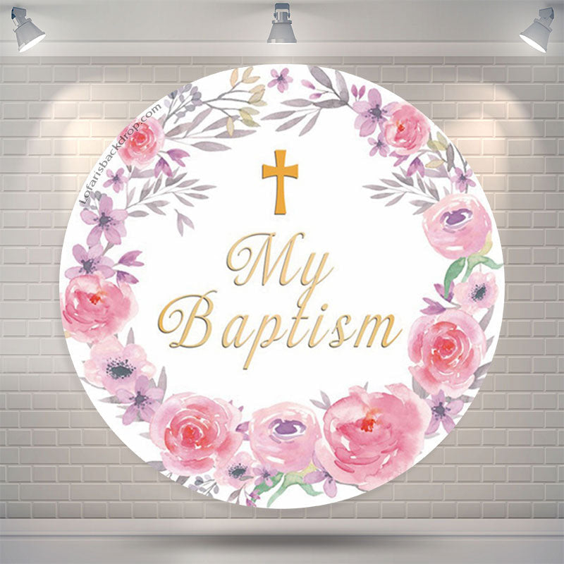 Lofaris Pink Floral Wreath My Baptism Round Backdrop Cover